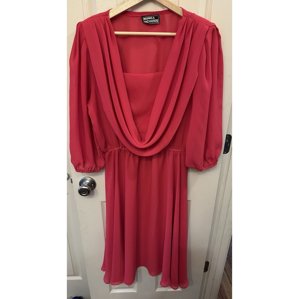 Vintage Monica Richards of California Pink Dress‎ Drape Neck Puff Sleeve 80s EUC